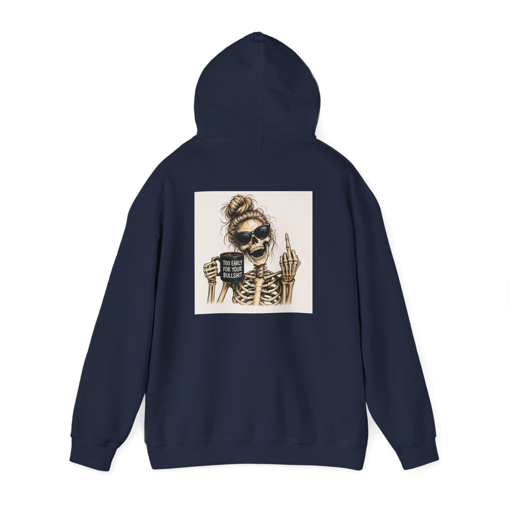 Skull Mom Hoodie — "Sips Coffee & Flips Off" Skeleton Graphic Pullover