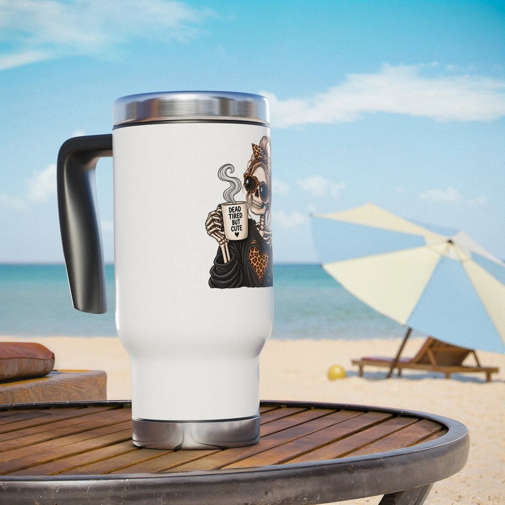 Skull Mom Travel Mug 14oz — 'Dead Inside But Cute' Stainless Steel Tumbler with Handle