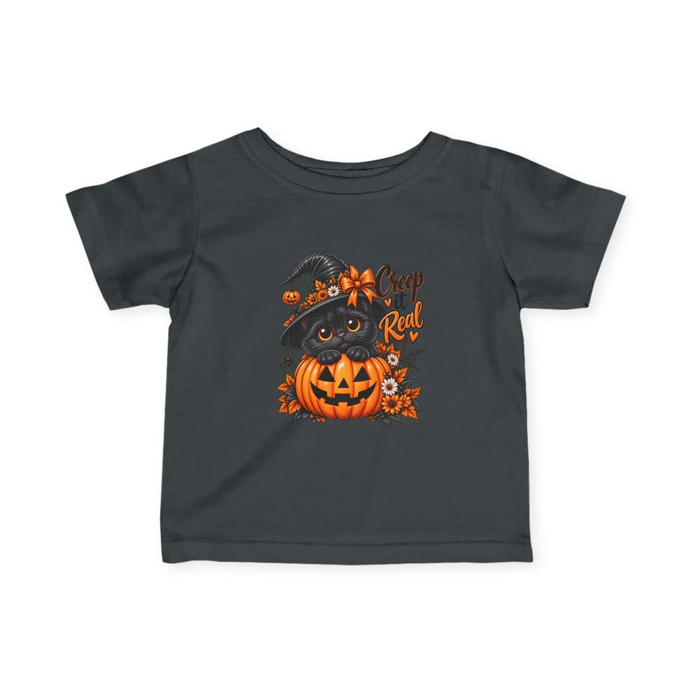 Cute Black Kitten in Witch Hat with 'Creep It Real' Pumpkin-Halloween Tee