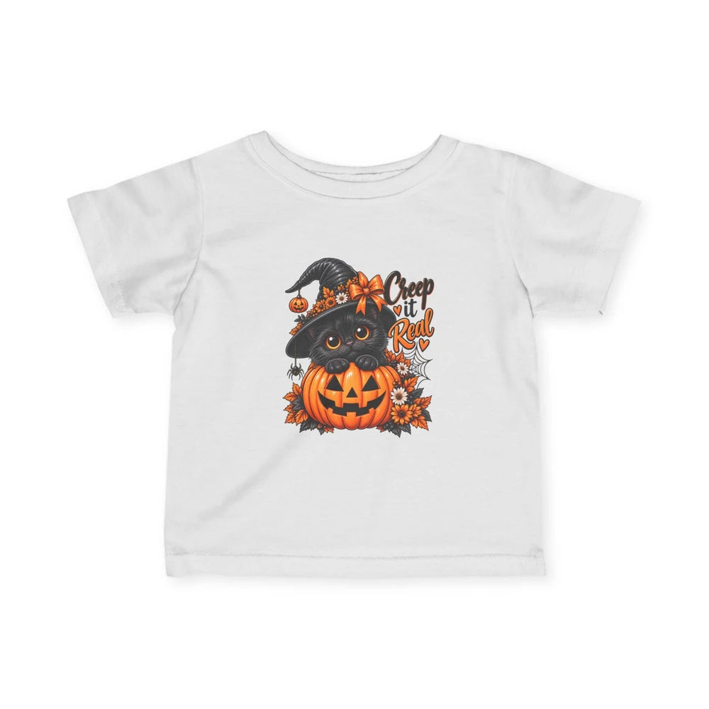 Cute Black Kitten in Witch Hat with 'Creep It Real' Pumpkin-Halloween Tee