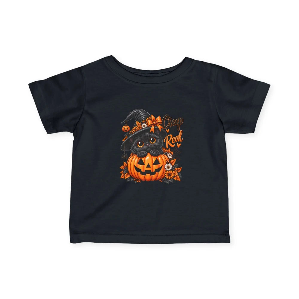 Cute Black Kitten in Witch Hat with 'Creep It Real' Pumpkin-Halloween Tee