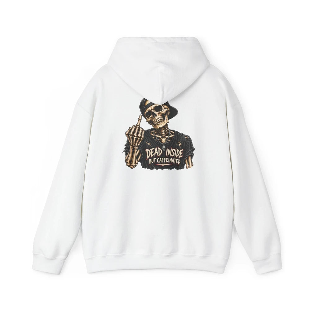 Dead Inside But Caffeinated Hoodie — Skeletal Middle Finger Graphic Pullover