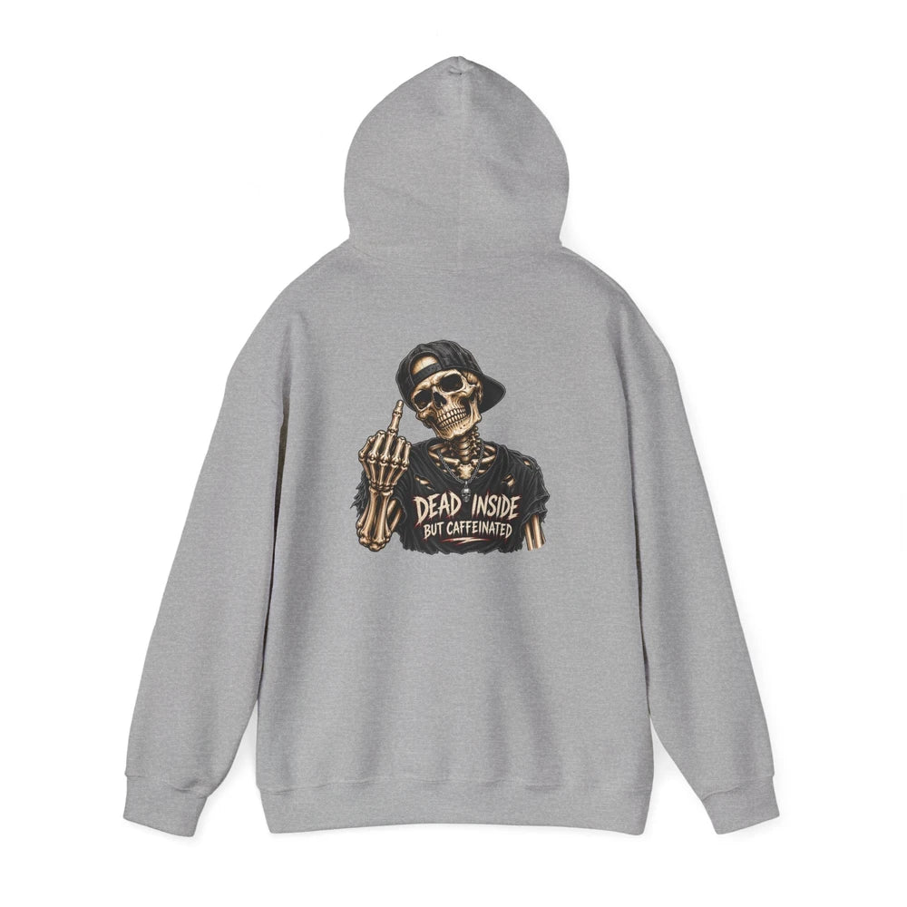 Dead Inside But Caffeinated Hoodie — Skeletal Middle Finger Graphic Pullover