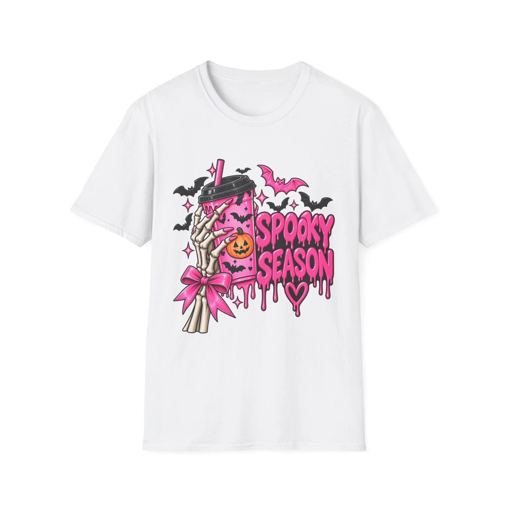 Spooky Season Pink Gothic Tee — Skeleton Hand Pumpkin Drink Halloween T-Shirt