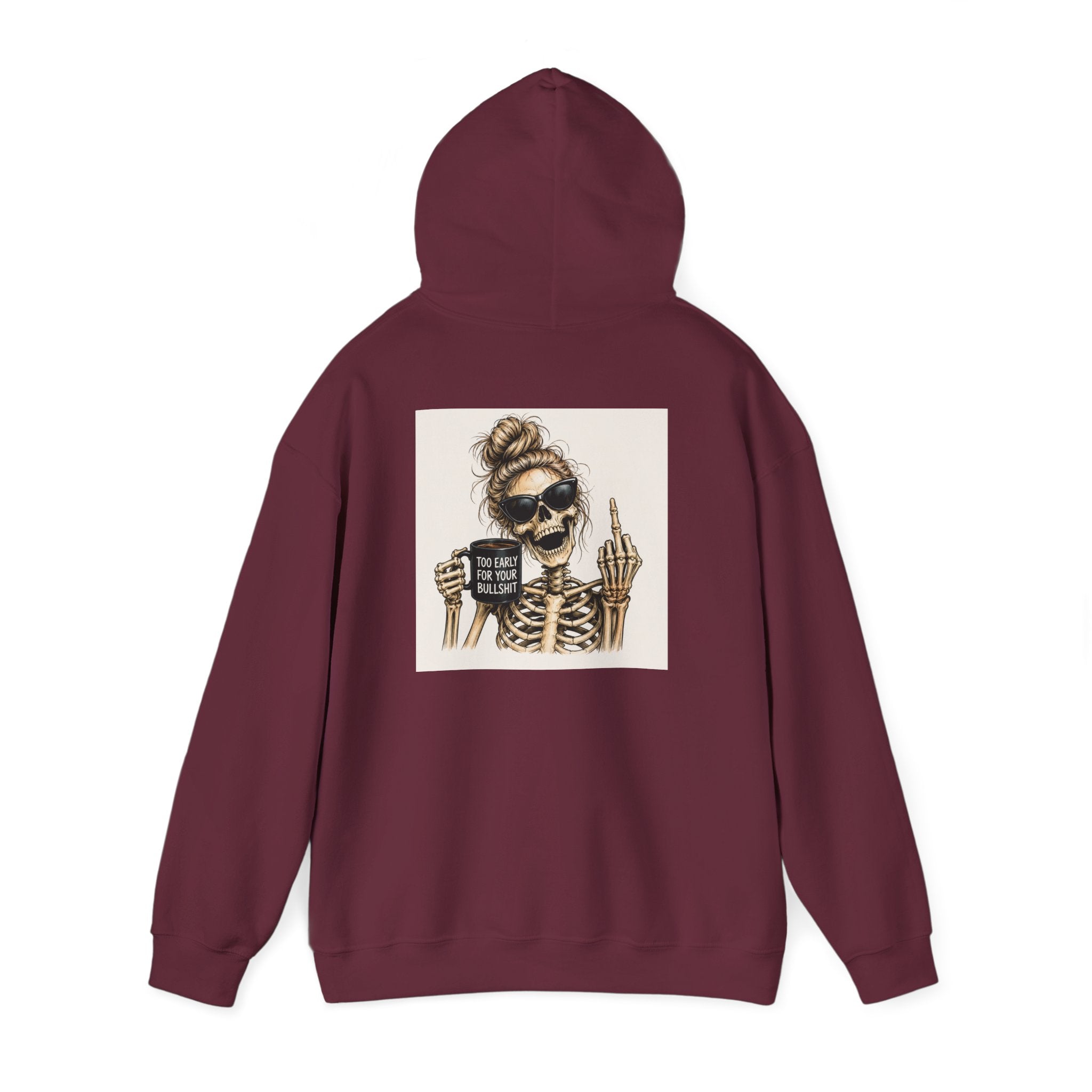 Skull Mom Hoodie — "Sips Coffee & Flips Off" Skeleton Graphic Pullover
