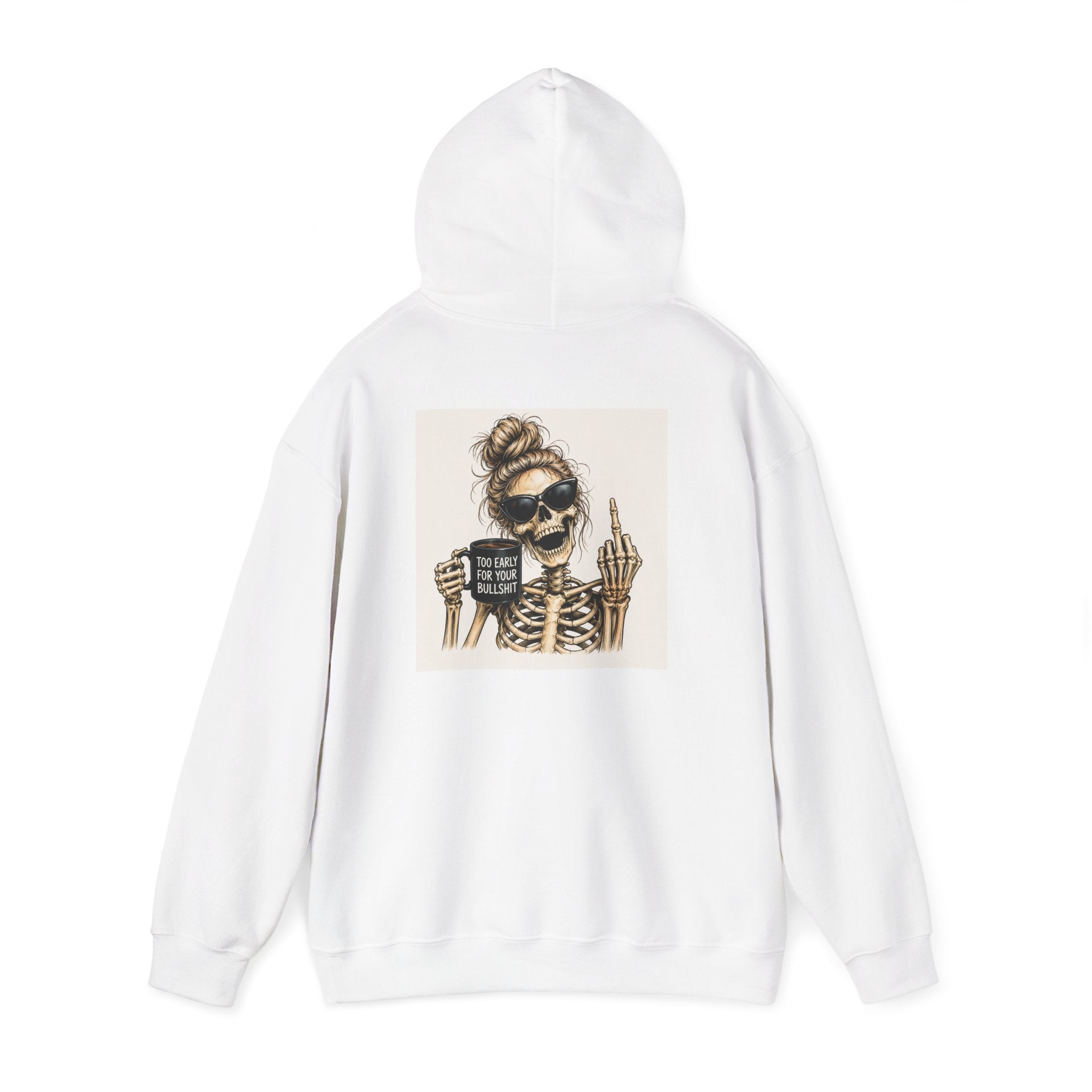 Skull Mom Hoodie — "Sips Coffee & Flips Off" Skeleton Graphic Pullover
