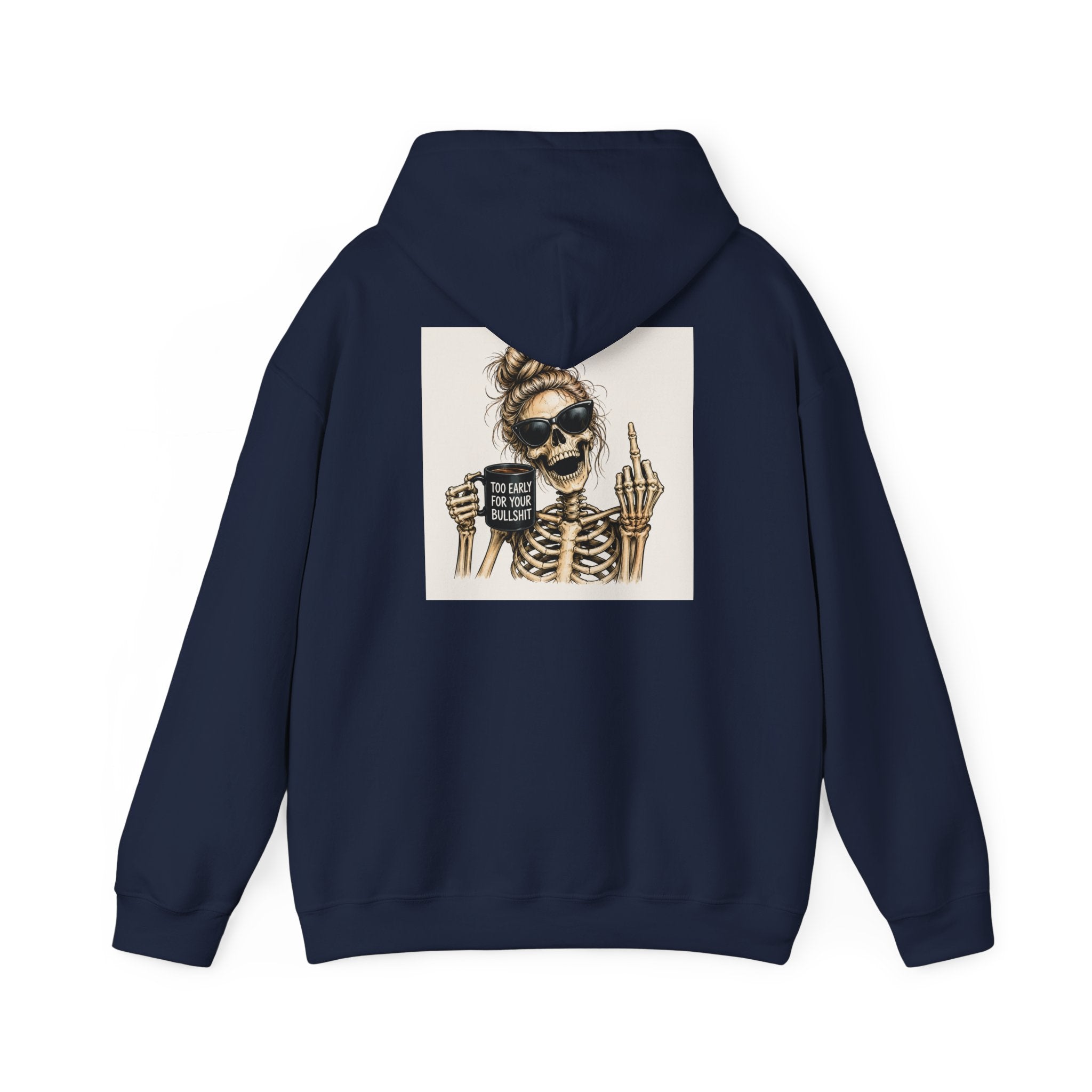 Skull Mom Hoodie — "Sips Coffee & Flips Off" Skeleton Graphic Pullover