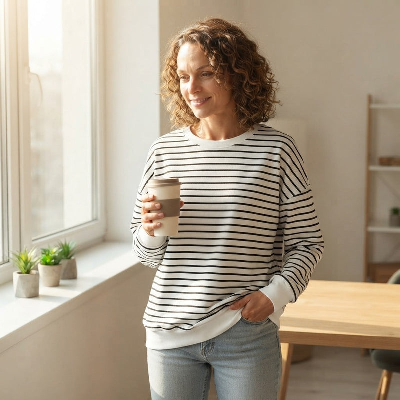 Lovelet Striped Round Neck Long Sleeve Sweatshirt