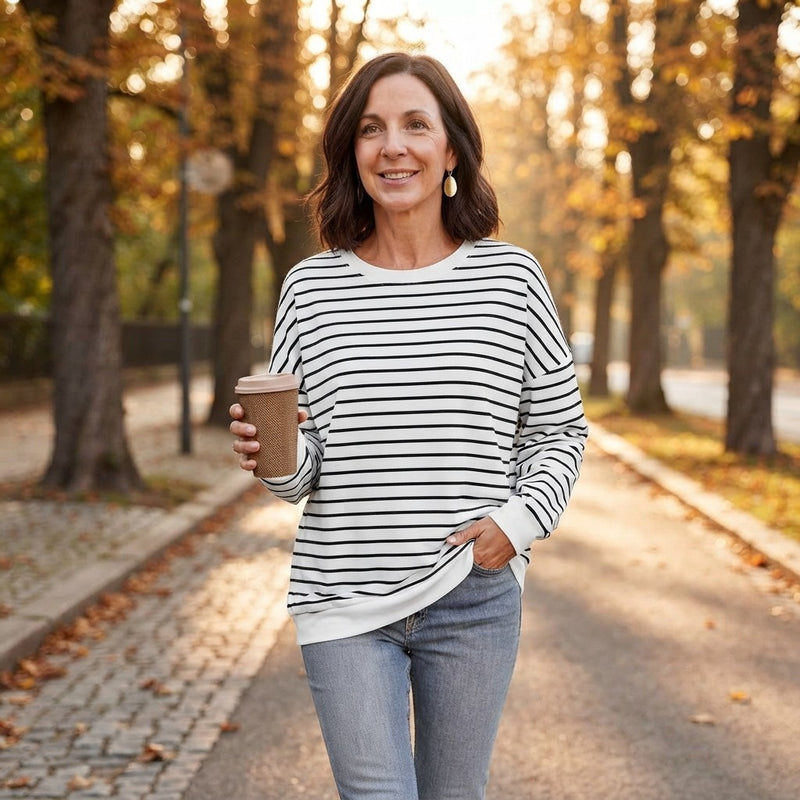 Lovelet Striped Round Neck Long Sleeve Sweatshirt
