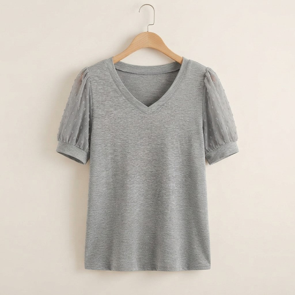 Swiss Dot Puff Sleeve V-Neck Tee