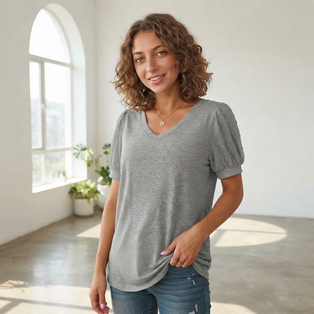 Swiss Dot Puff Sleeve V-Neck Tee