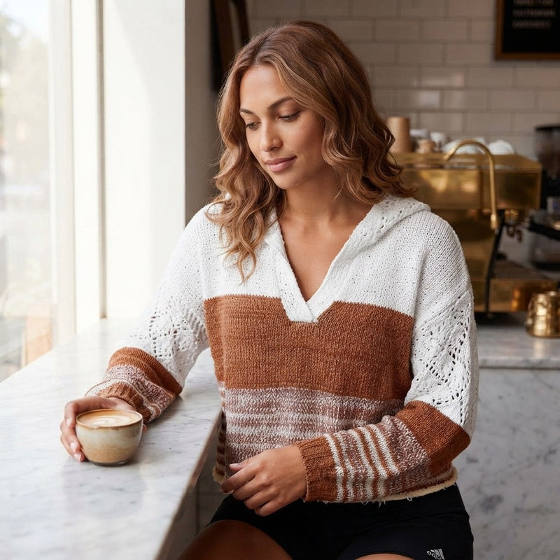 Double Take Full Size Openwork Contrast Long Sleeve Hooded Sweater