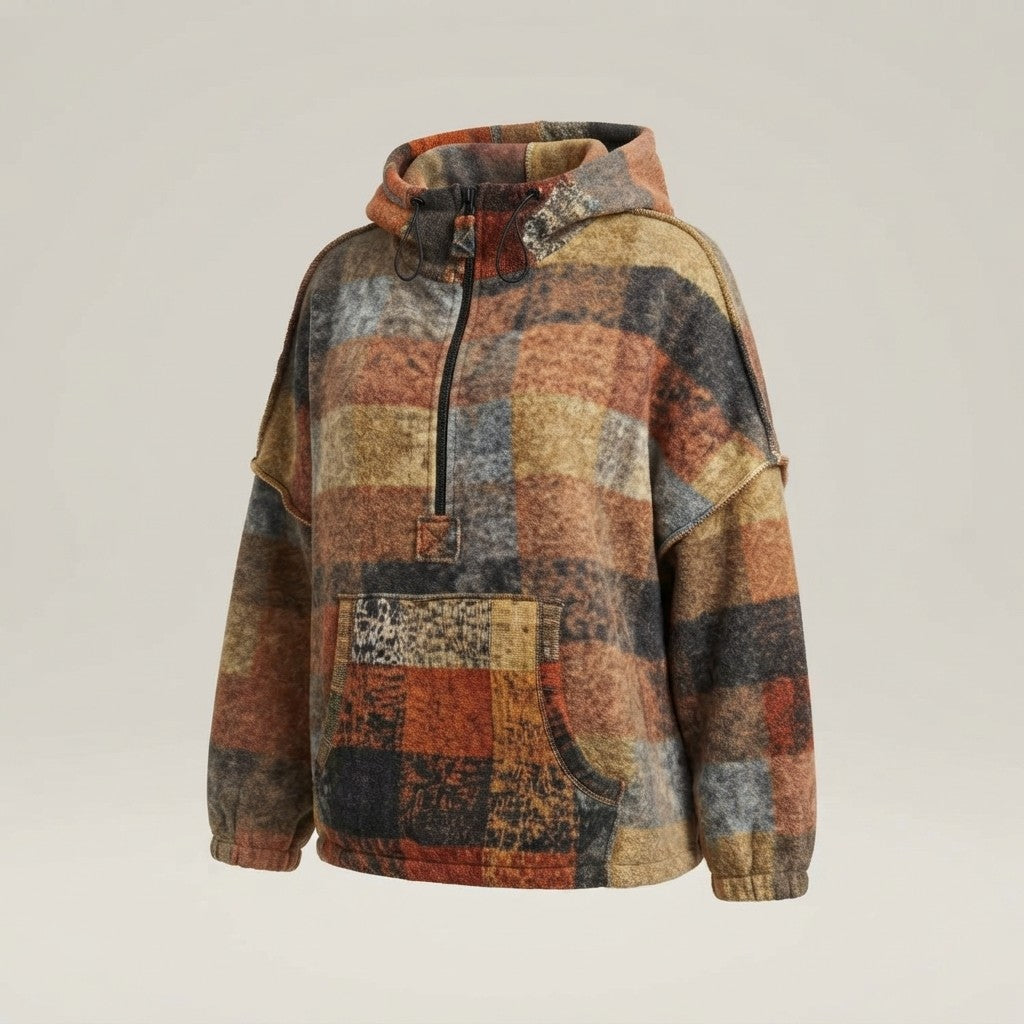 Double Take Full Size Half Zip Exposed Seam Fleece Hoodie
