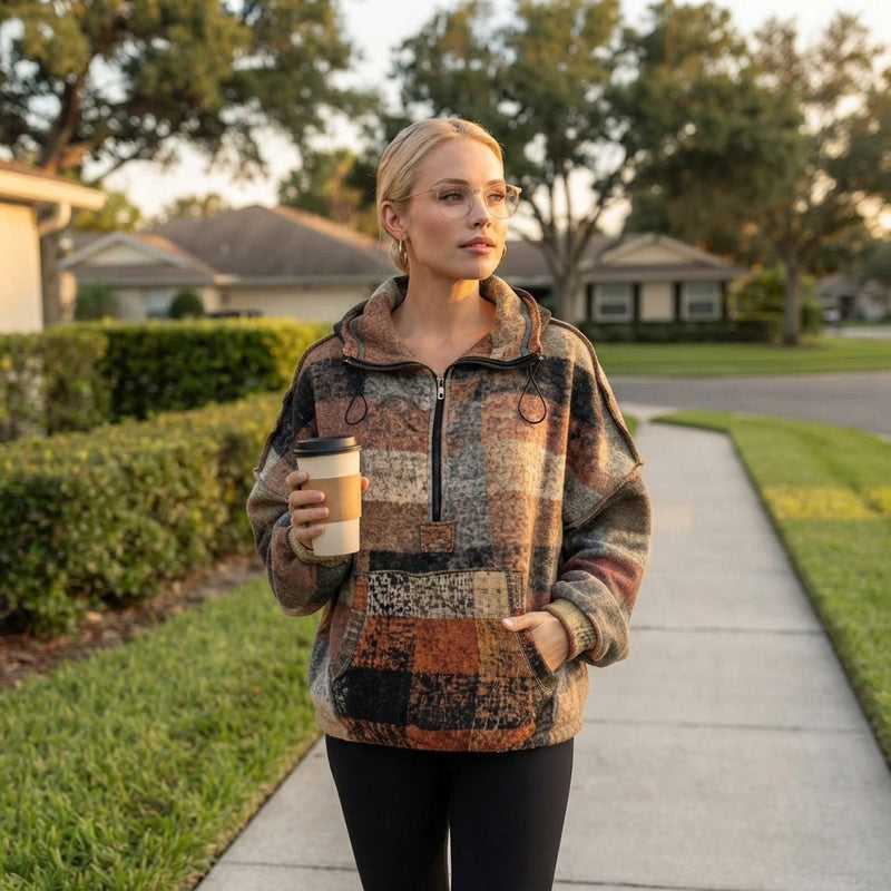 Double Take Full Size Half Zip Exposed Seam Fleece Hoodie