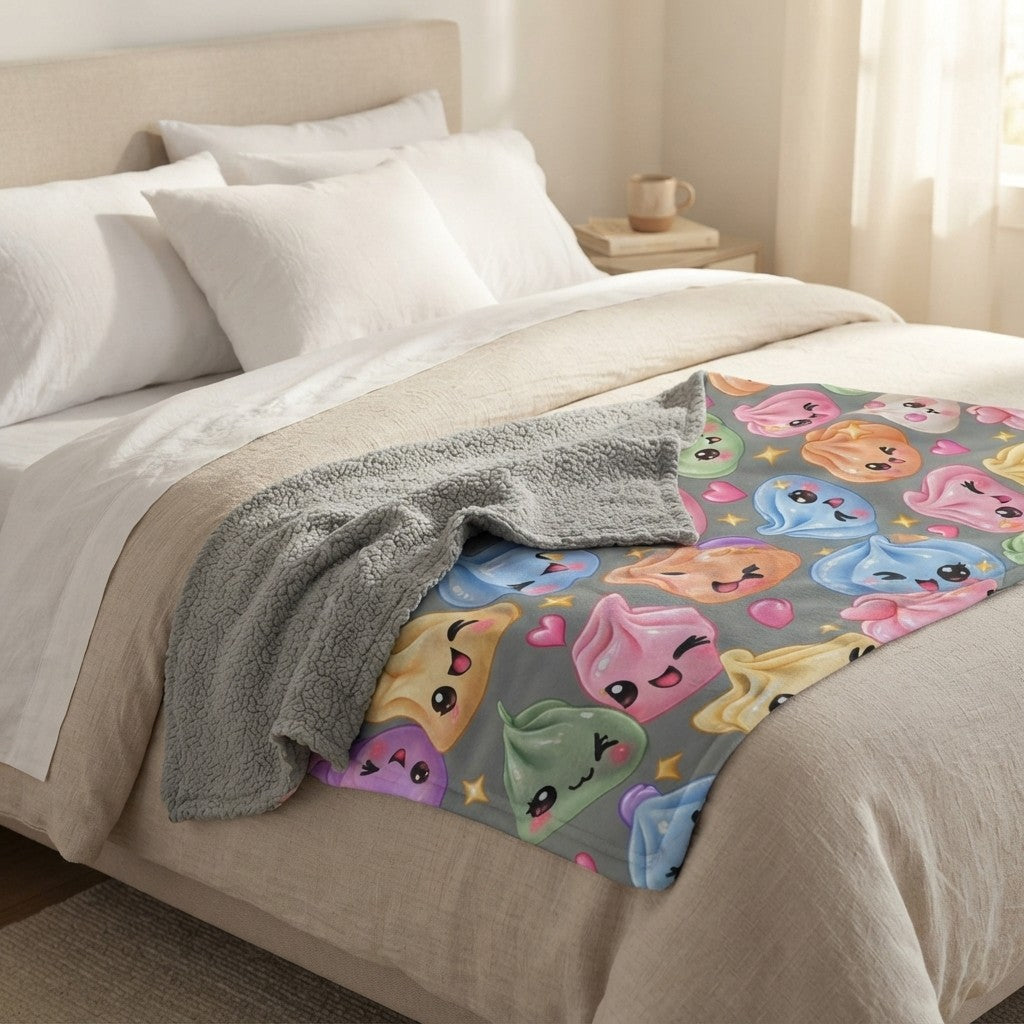 Kawaii Dumpling Sherpa Blanket — Colorful Cute Dim Sum Plush Throw