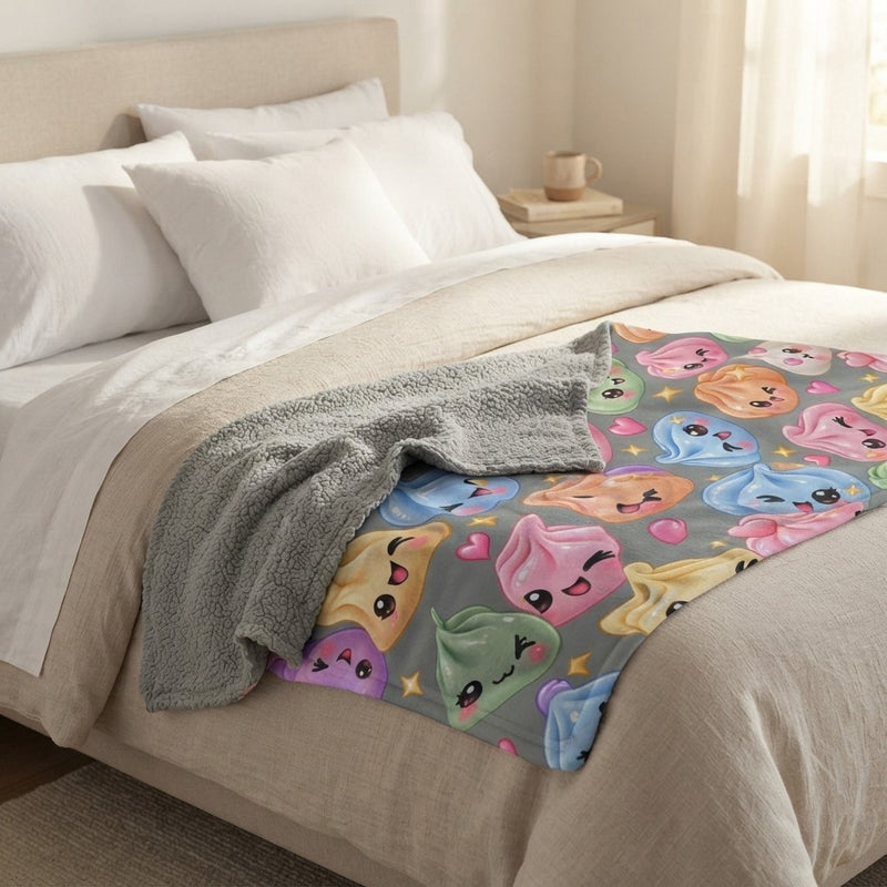 Kawaii Dumpling Sherpa Blanket — Colorful Cute Dim Sum Plush Throw
