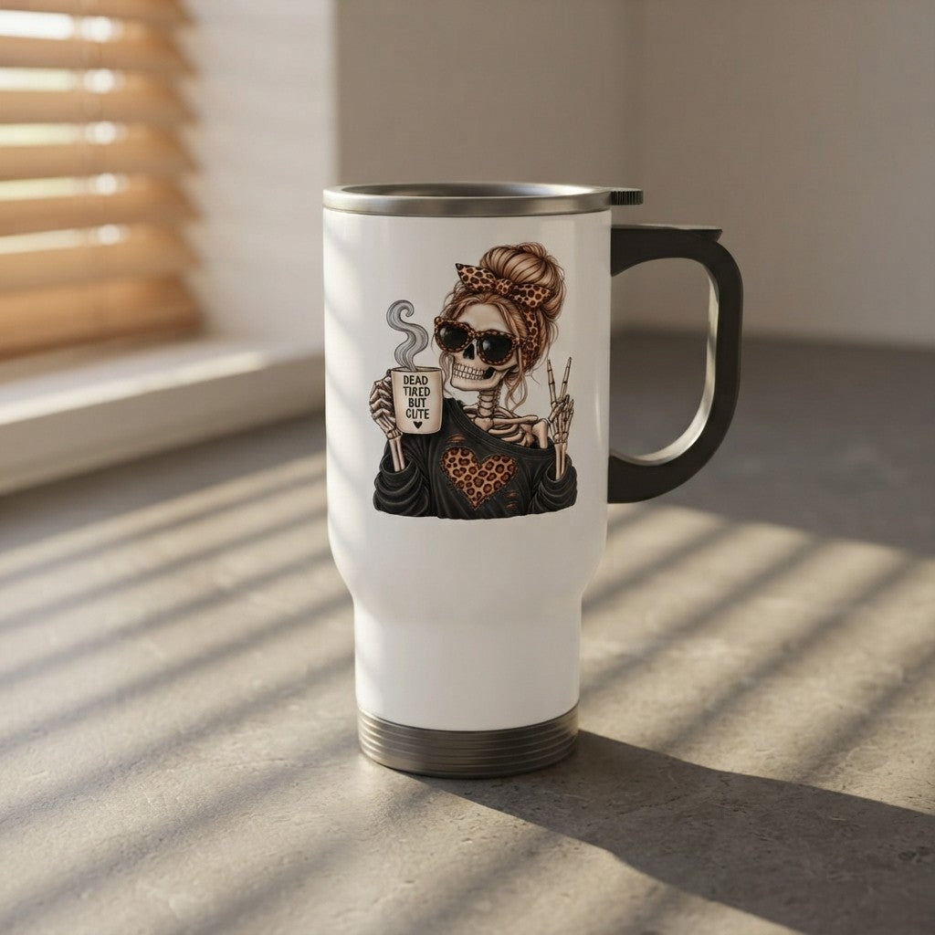 Skull Mom Travel Mug 14oz — 'Dead Inside But Cute' Stainless Steel Tumbler with Handle