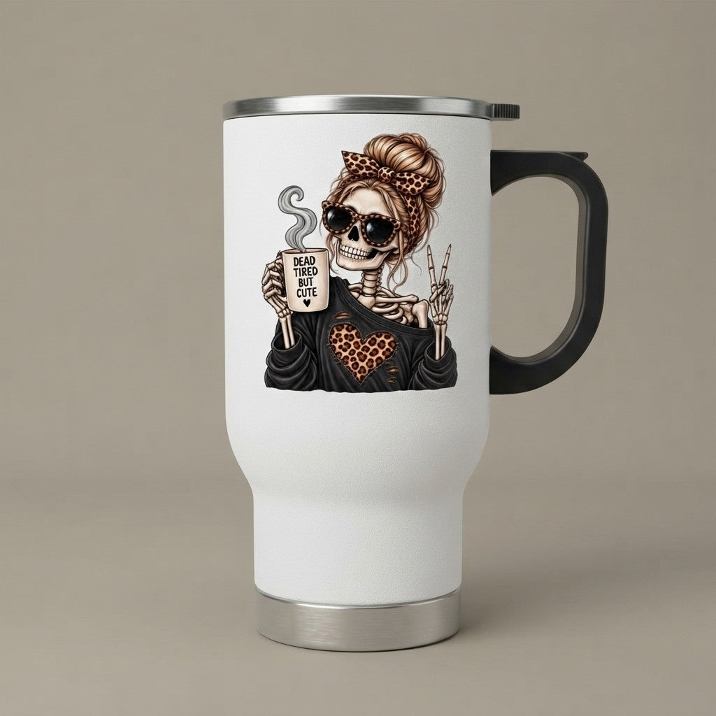 Skull Mom Travel Mug 14oz — 'Dead Inside But Cute' Stainless Steel Tumbler with Handle