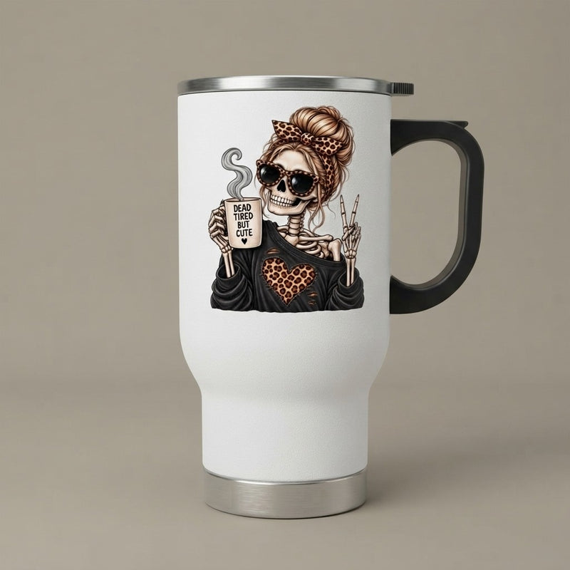 Skull Mom Travel Mug 14oz — 'Dead Inside But Cute' Stainless Steel Tumbler with Handle