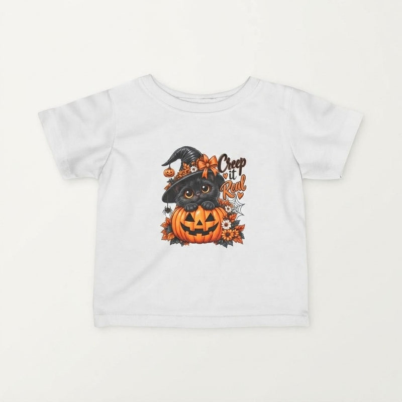 Cute Black Kitten in Witch Hat with 'Creep It Real' Pumpkin-Halloween Tee