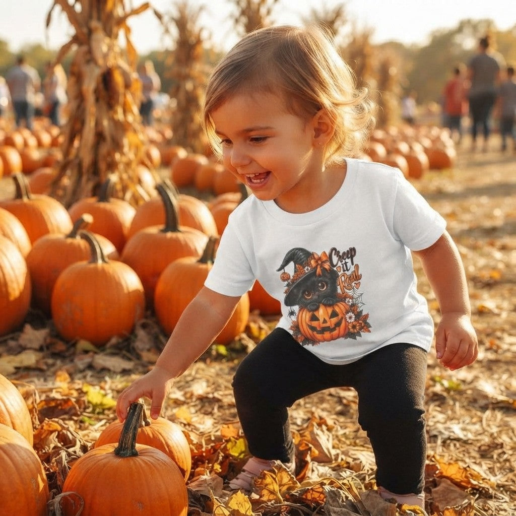Cute Black Kitten in Witch Hat with 'Creep It Real' Pumpkin-Halloween Tee