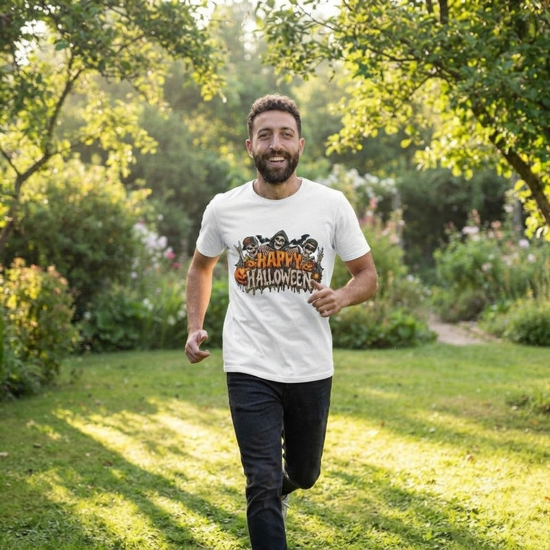 Halloween T‑Shirt — "Happy Halloween" Skeletons & Pumpkins Graphic