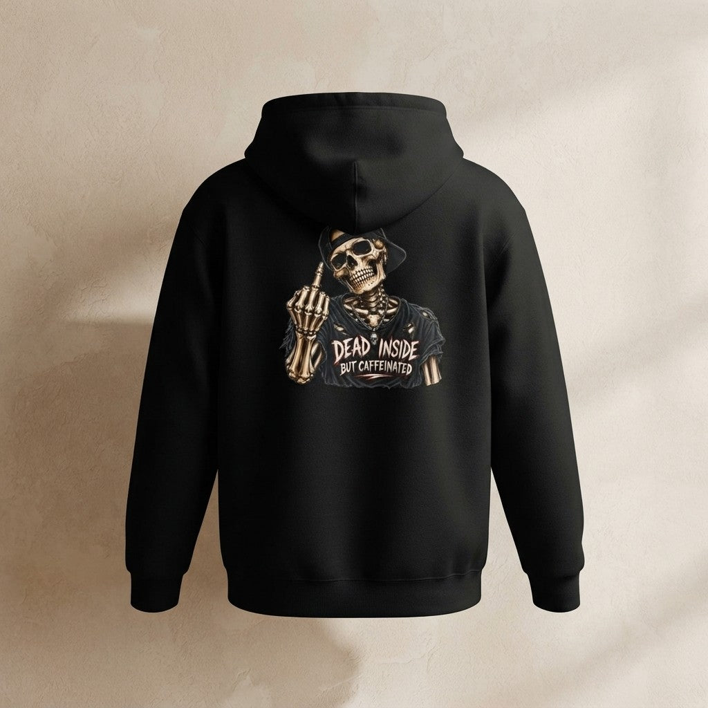 Dead Inside But Caffeinated Hoodie — Skeletal Middle Finger Graphic Pullover