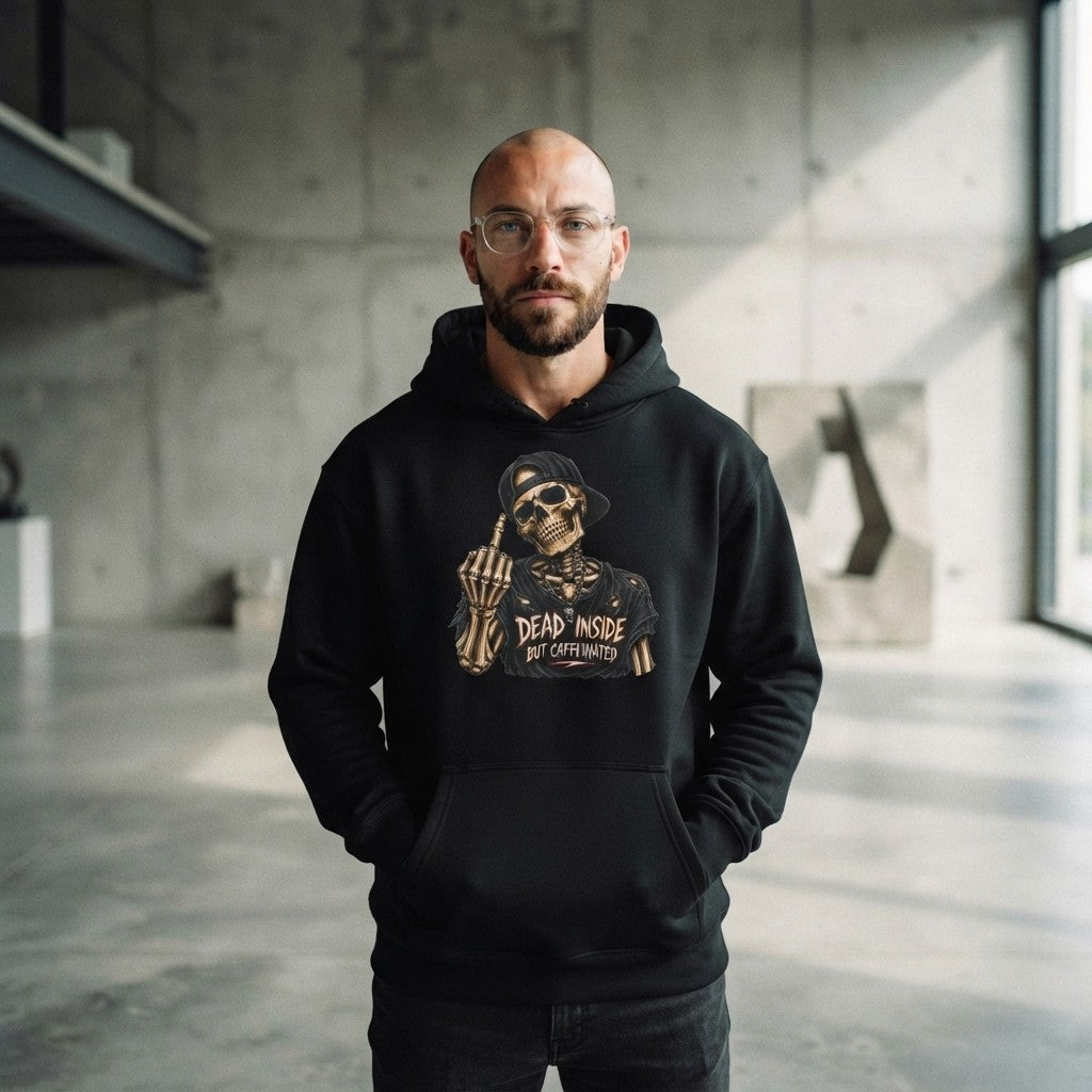 Dead Inside But Caffeinated Hoodie — Skeletal Middle Finger Graphic Pullover